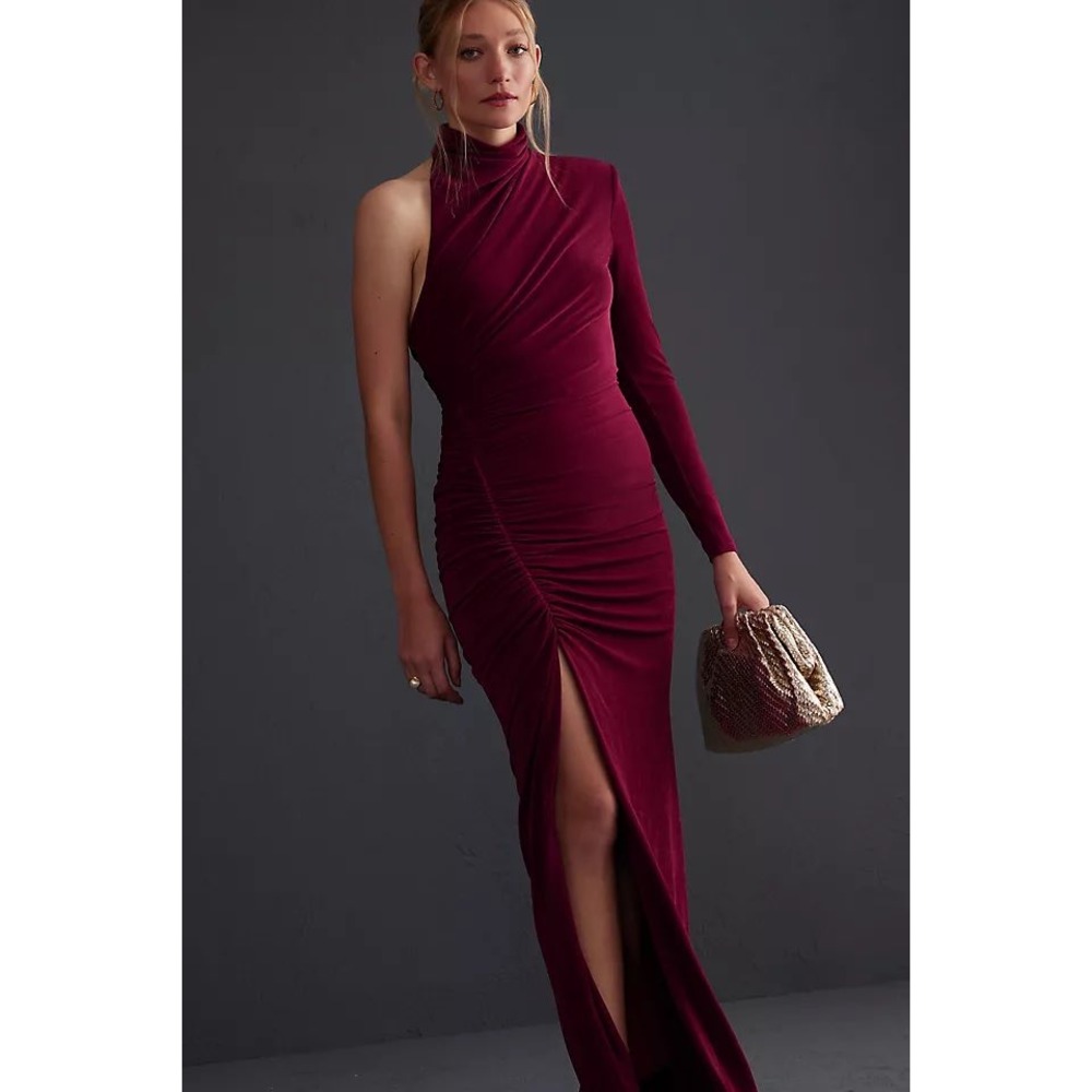 Misha Pauline Dress Wine Red One Shoulder Ruched Maxi Gown Long Sleeve